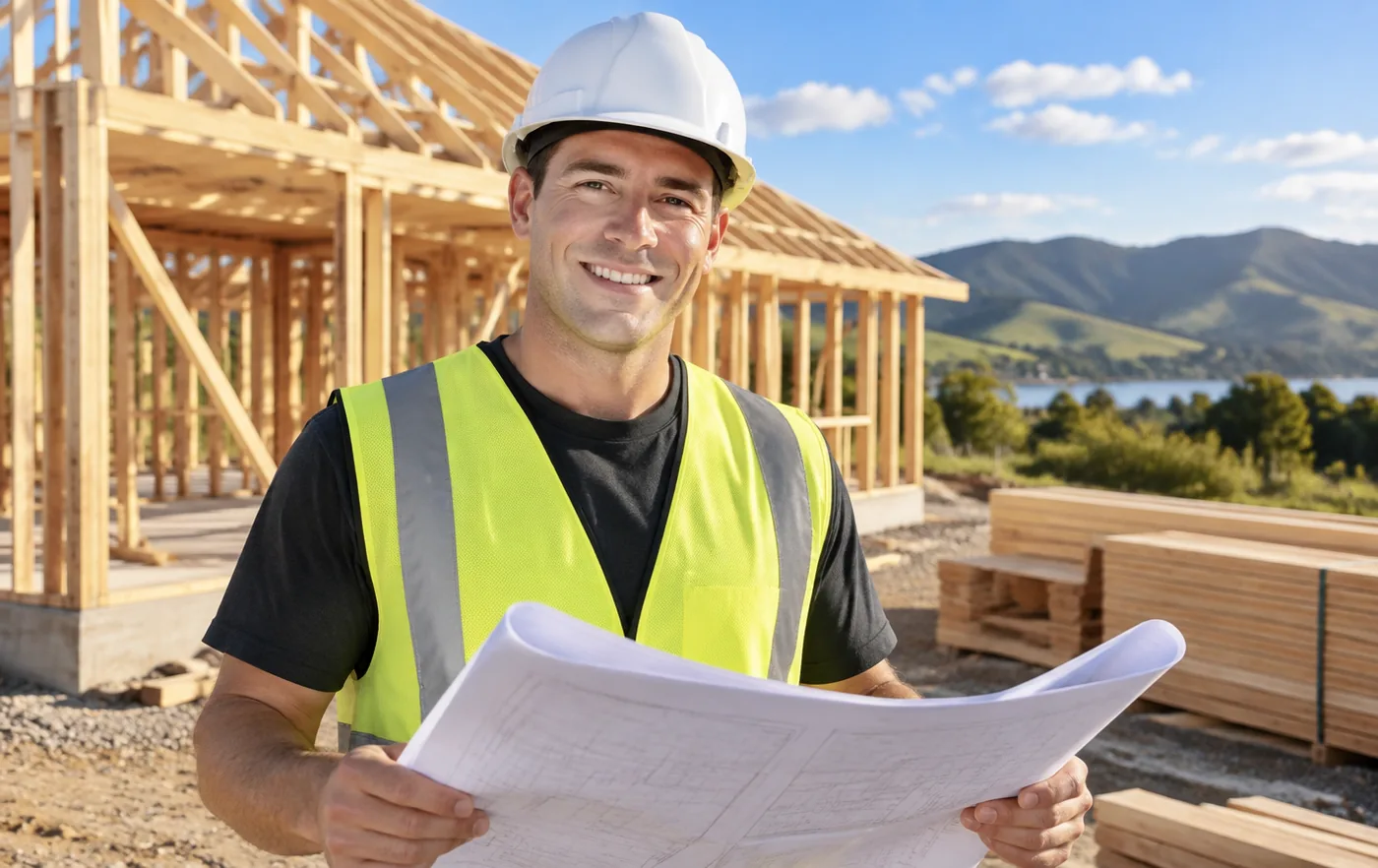 Builder holding plans in front of a new timber frame house