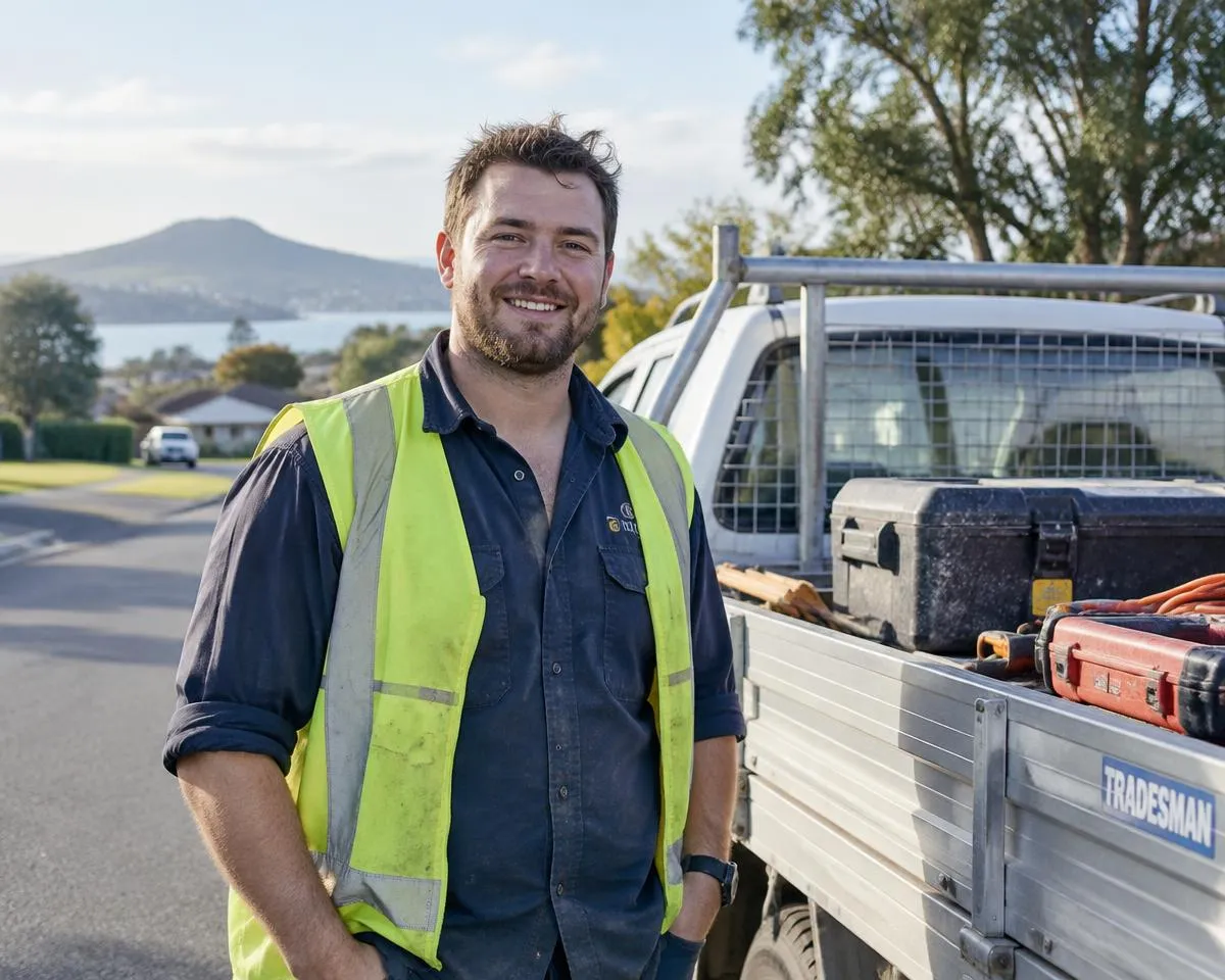 Smiling tradie in a hi-vis vest standing beside his ute