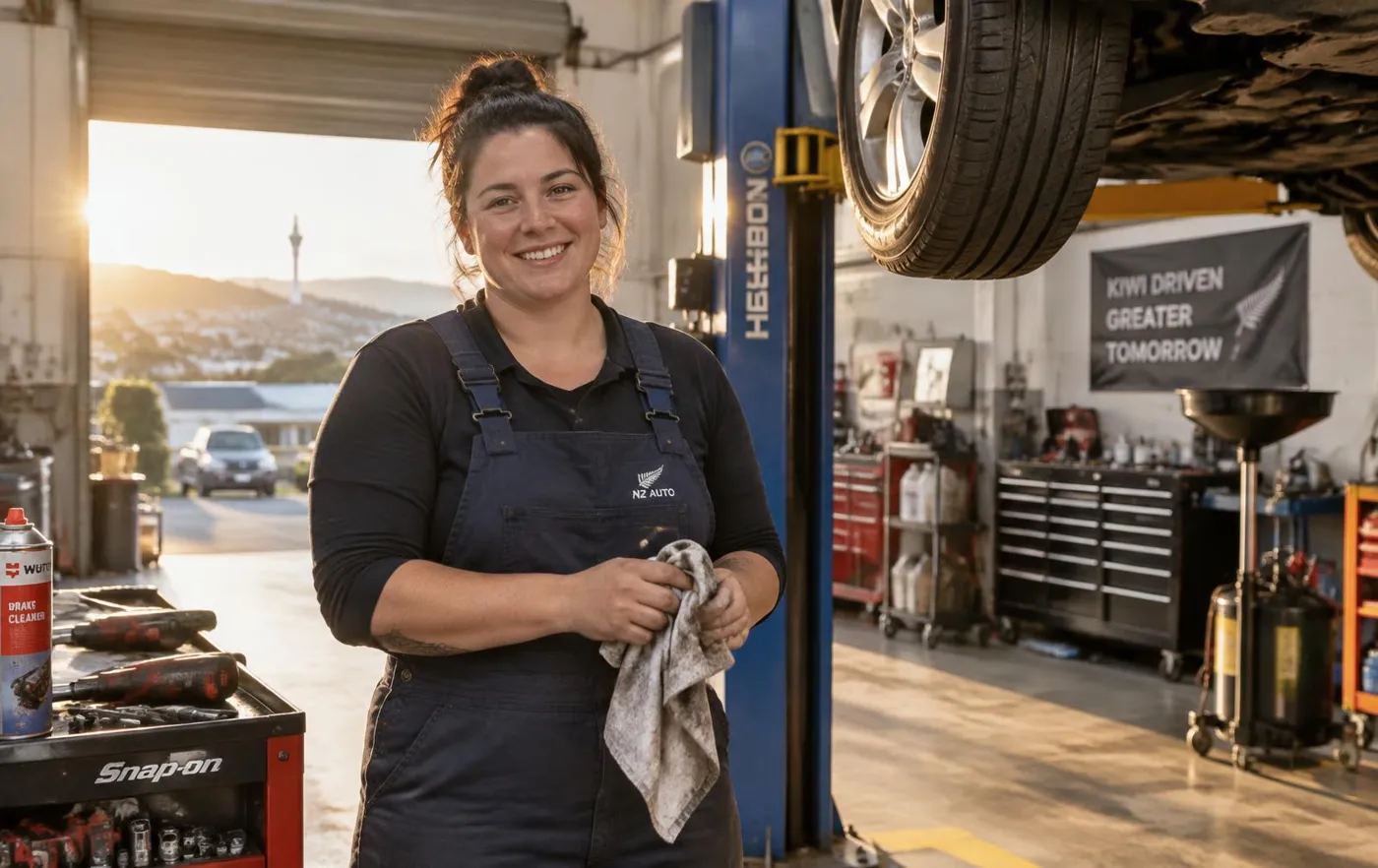 Mechanic smiling beside a car on the hoist
