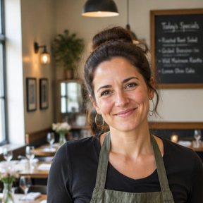 Restaurant owner in an apron in her dining room