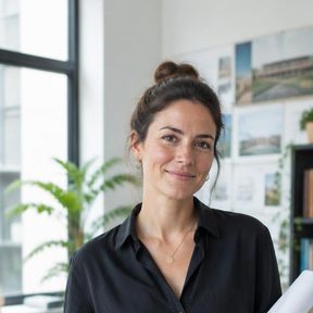Architect holding rolled floor plans in her studio