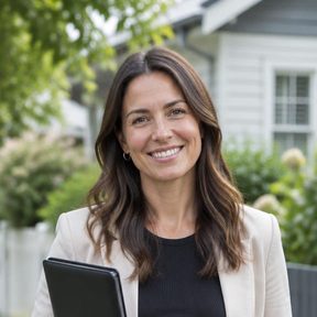 Real estate agent in a suburban street holding a folder