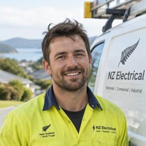 Electrician in a hi-vis shirt beside his van
