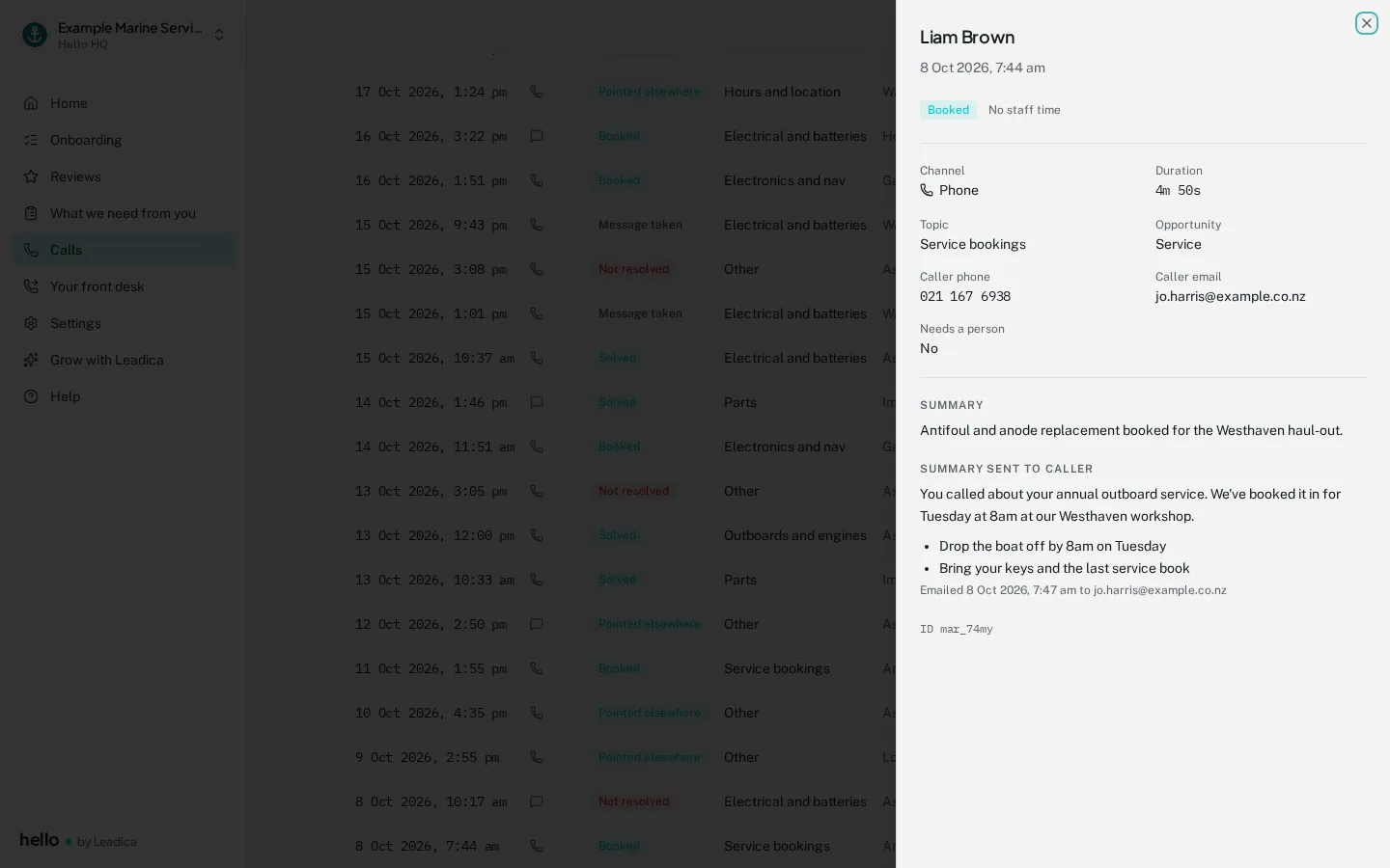 Call details showing the summary emailed to the caller