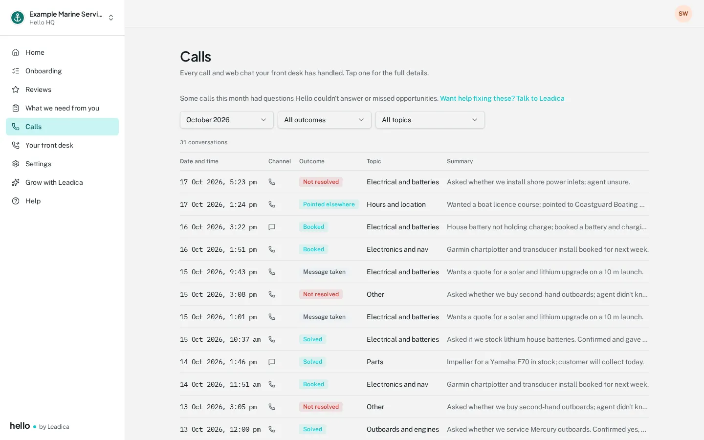 Calls page listing answered calls with outcomes and topics