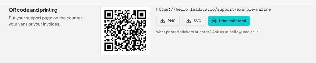 QR code with PNG and SVG downloads and a Print collateral button