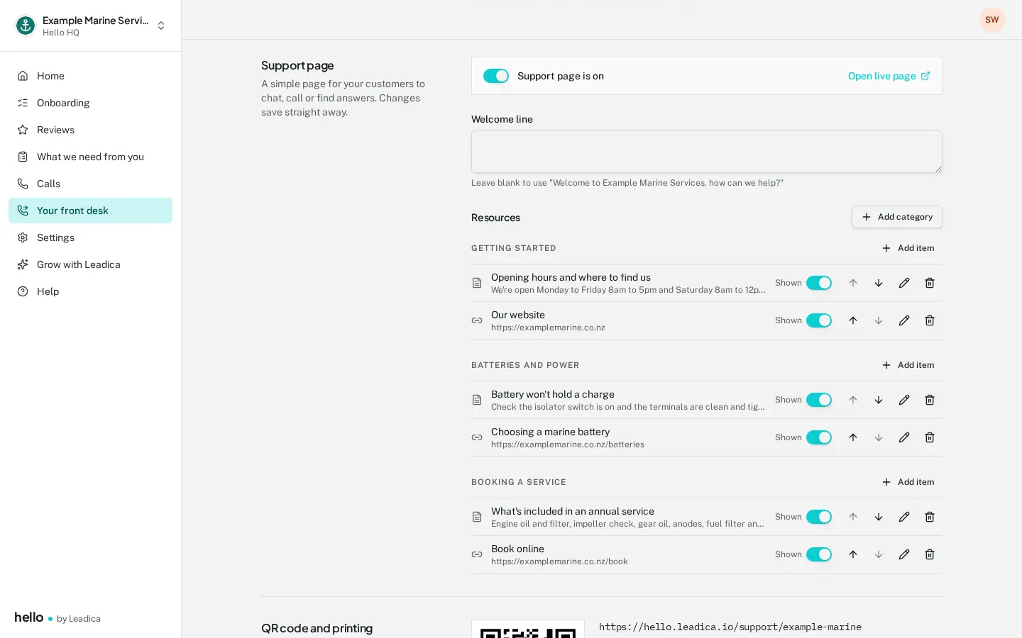 Support page editor with the resources Hello answers from
