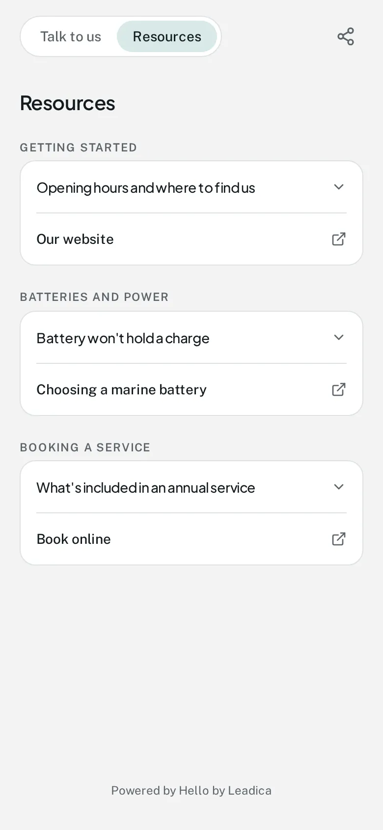 Support page resources tab on a phone